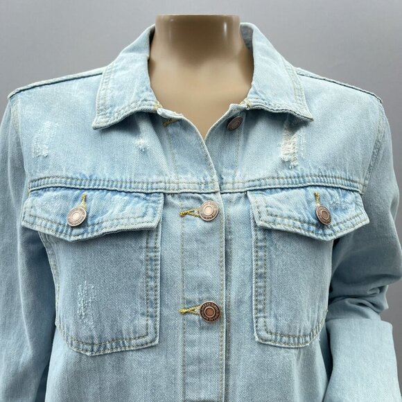 Thread & Supply Light‎ Wash Denim Trucker Jacket Distressed Frayed Hem Womens S - Picture 2 of 11
